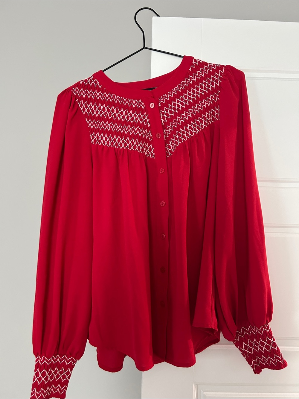Women's Red Smocked Yoke Button-Down Blouse